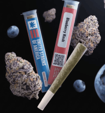 United Strains of America cannabis product display featuring pre-rolls