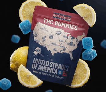 United Strains of America cannabis product display featuring THC gummies