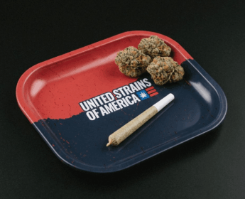 United Strains of America cannabis product display featuring  American-themed branding.