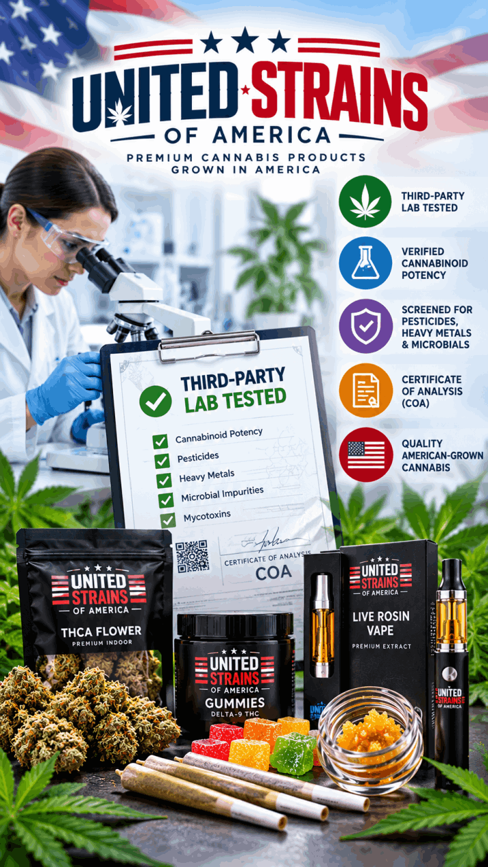 United Strains of America cannabis product display featuring third party lab testing