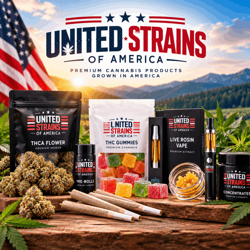 United Strains of America cannabis product display featuring THCA flower, pre-rolls, live rosin vapes, THC gummies, and patriotic American-themed branding.